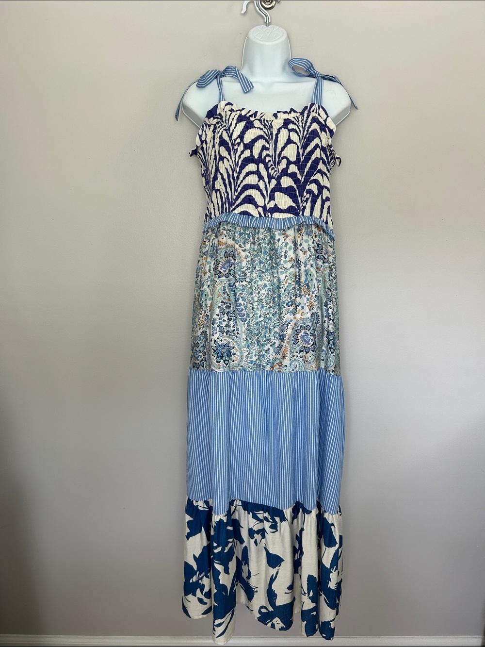 THML Mixed Print Smocked Tiered Maxi Dress